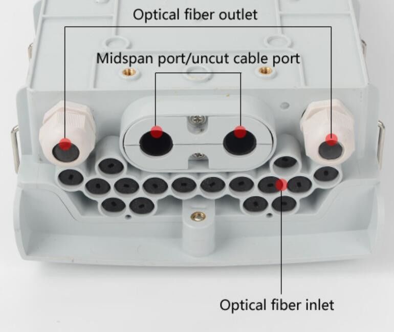Hộp nối sợi quang tường ngoài trời Ftth 2 cổng vào + cổng giữa nhịp, 16 đầu ra cho cáp thả